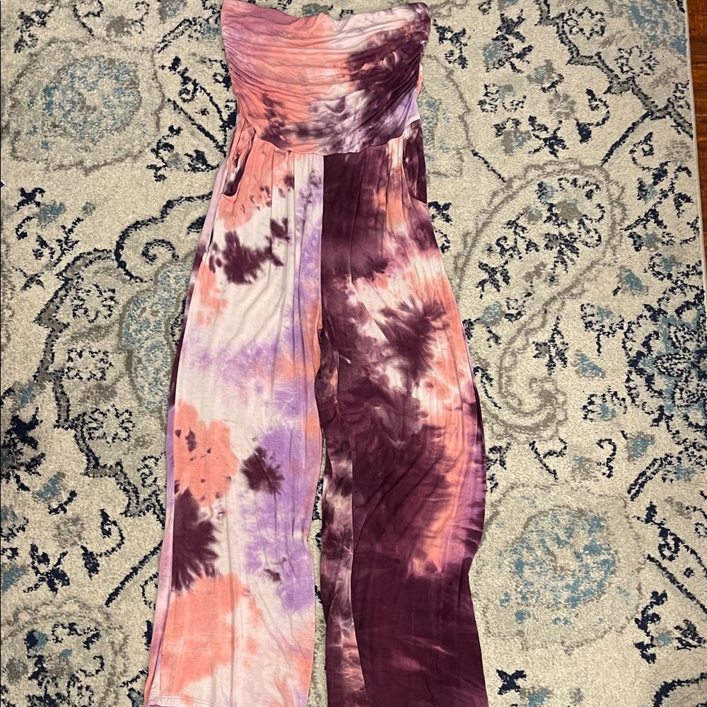 Pink Tie-Dye Strapless Jumpsuit